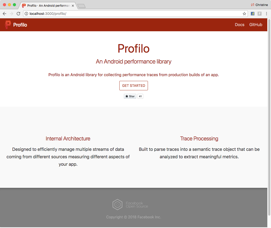 The website's front page, with a quite bright and saturated red color as the primary color, closely resembling the Profilo logo color, making the logo unrecognizable in the navbar