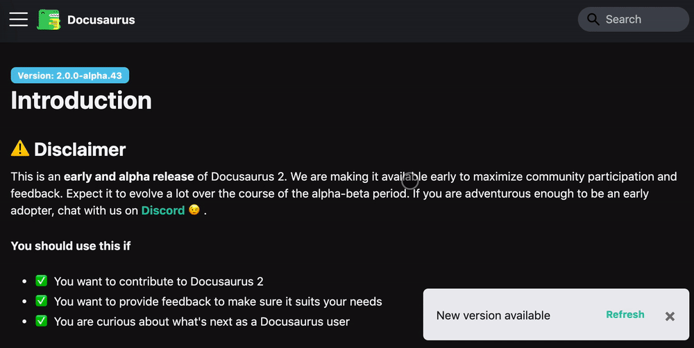 A screen recording of the reload process. An alert box shows in the bottom right of the window, saying "New content available". After clicking the "Refresh" button, the page's main heading changes from "Introduction" to "PWA :))".